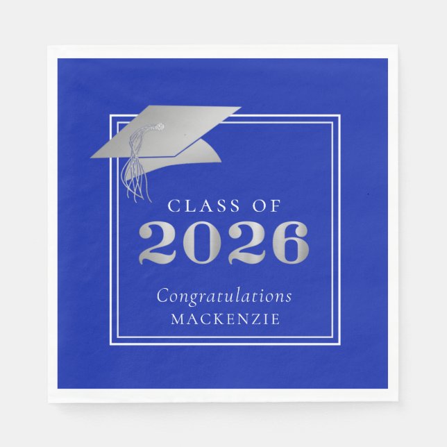  Graduation 2026 Royal Blue Faux Silver Napkin (Front)