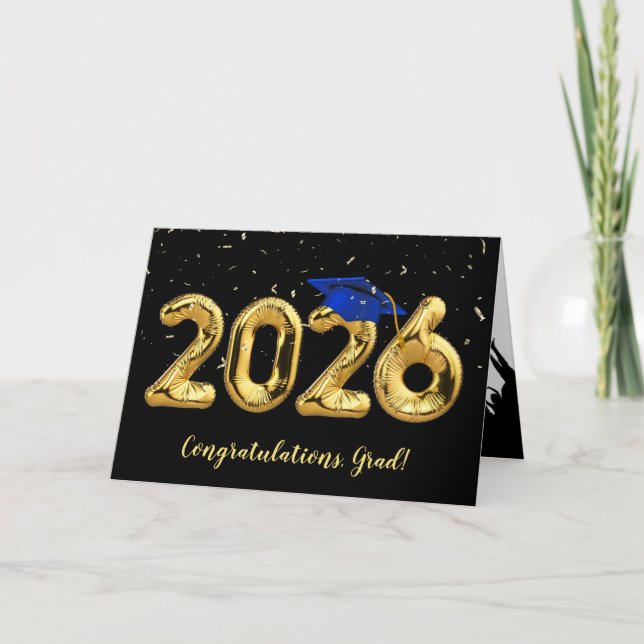 Graduation 2026 With Blue Cap and Confetti Card (Front)