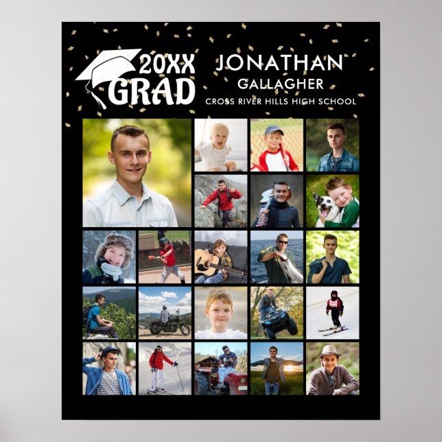 Graduation 22 Photo Collage GRAD Black White Poster (Front)