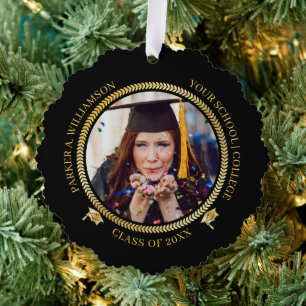 Graduation 2 Photo Black Gold Grad Cap Class Year Tree Decoration Card