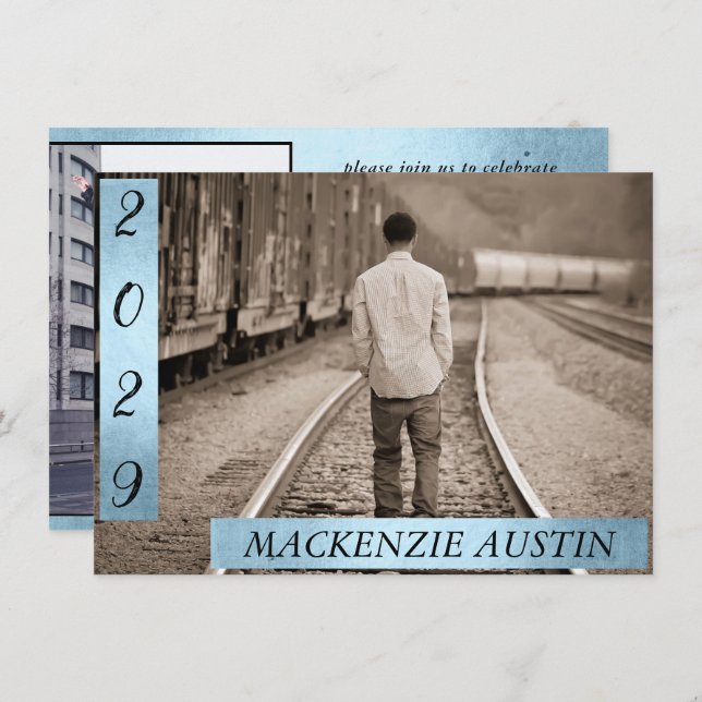 Graduation 2 Photo | Blue Faux Metallic Keepsake Invitation (Front/Back)