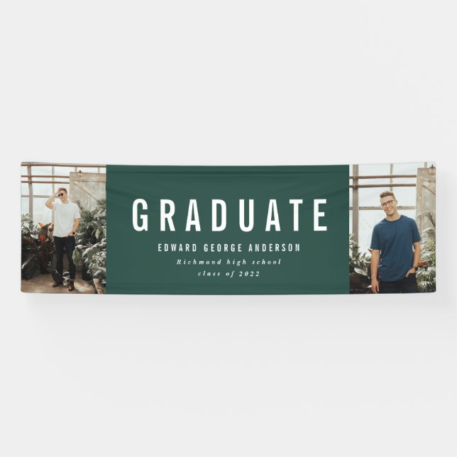 Graduation 2 photo green and white modern party banner (Horizontal)