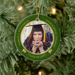 Graduation 2 Photo Green  Gold Grad Cap Class Year Ceramic Tree Decoration