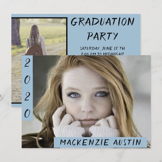 Graduation 2 Photo | Light Blue Modern Grad Party Invitation (Front/Back)