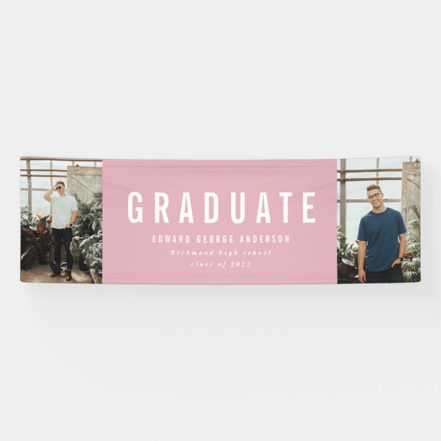Graduation 2 photo pink and white modern party banner (Horizontal)