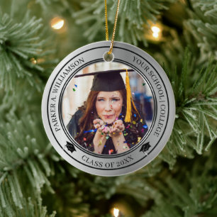 Graduation 2 Photo Silver Tone Grad Cap Class Year Ceramic Tree Decoration