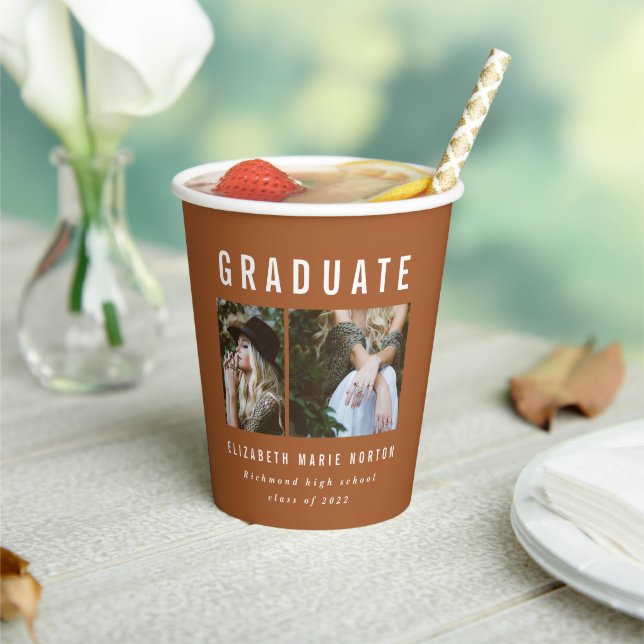 Graduation 2 photo terracotta typography paper cups (Insitu)
