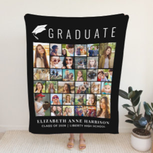 Graduation 30 Photo Collage Black Fleece Blanket
