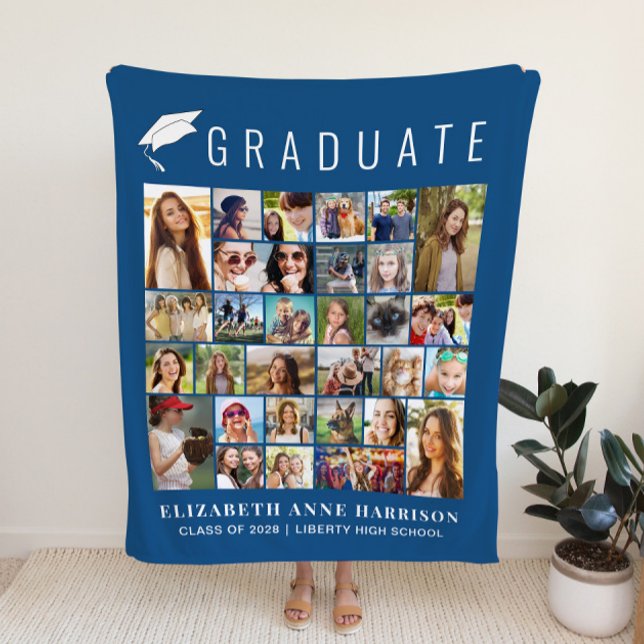 Graduation 30 Photo Collage Blue Fleece Blanket (Creator Uploaded)
