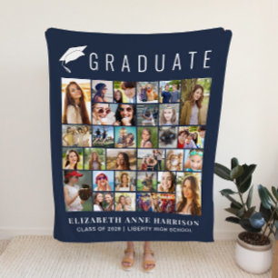 Graduation 30 Photo Collage Navy Blue Fleece Blanket