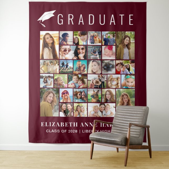 Graduation 30 Photos Burgundy Photo Booth Backdrop Tapestry (In Situ)