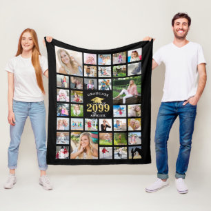 Graduation 35 Photo Collage CLASS YEAR Black Fleece Blanket