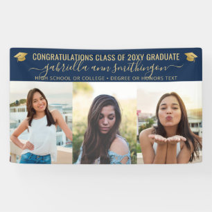 Graduation 3 Photo Blue and Gold Cute Elegant Banner