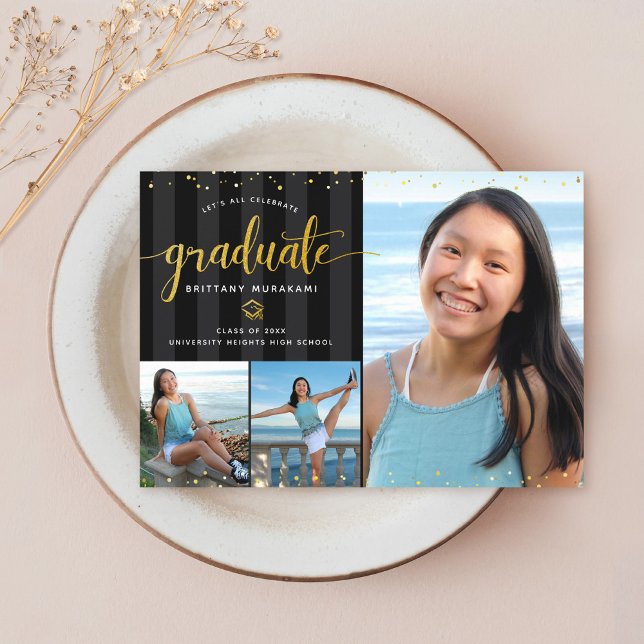 Graduation 3 photo collage black gold script chic announcement (Creator Uploaded)