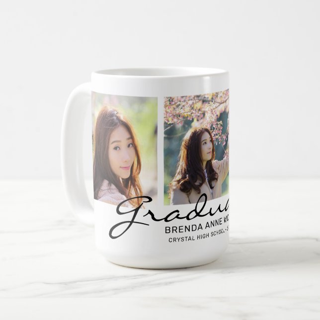 Graduation 3 Photo Collage Black Script Name Coffee Mug (Front Left)
