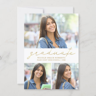 Graduation 3-Photo Collage Easy Edit Gold Script Announcement