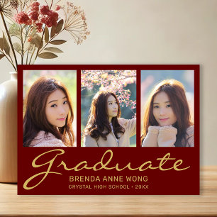 Graduation 3 Photo Collage Gold Script Maroon 2023 Announcement