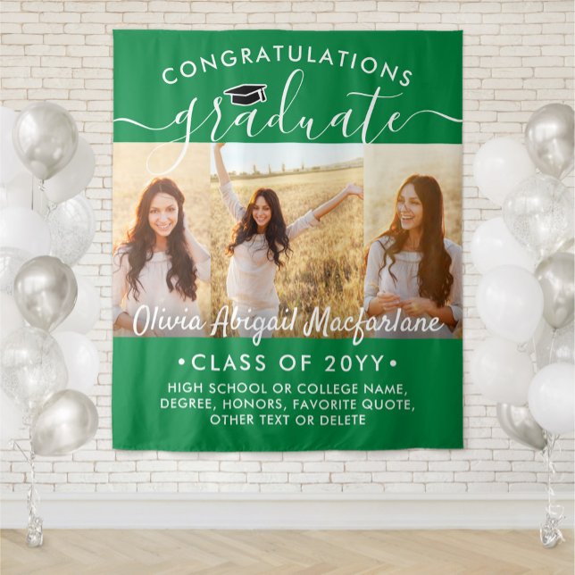 Graduation 3 Photo Collage Green & White Backdrop Tapestry (Creator Uploaded)
