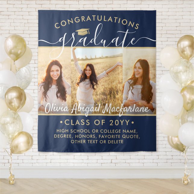Graduation 3 Photo Collage Large Navy Blue & Gold Tapestry (Creator Uploaded)