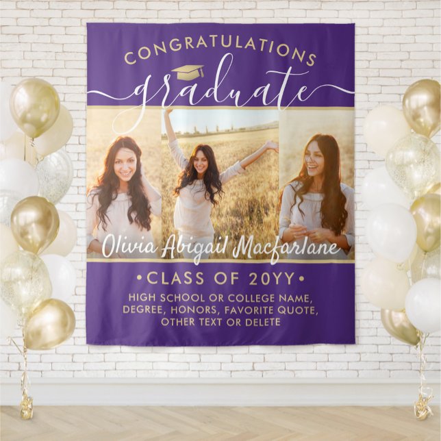 Graduation 3 Photo Collage Large Purple and Gold Tapestry (Creator Uploaded)