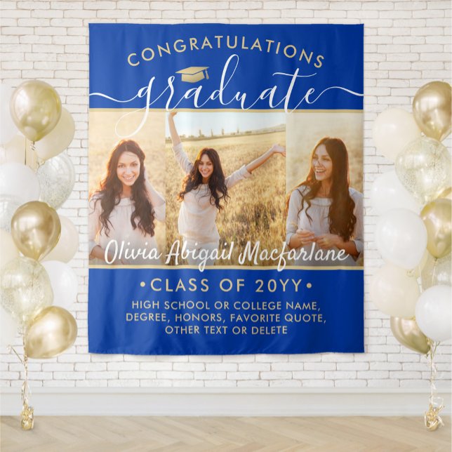 Graduation 3 Photo Collage Large Royal Blue & Gold Tapestry (Creator Uploaded)