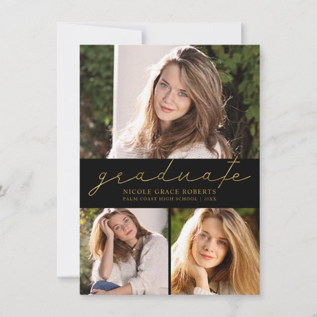 Graduation 3-Photo Collage Modern Gold Script Announcement (Front)