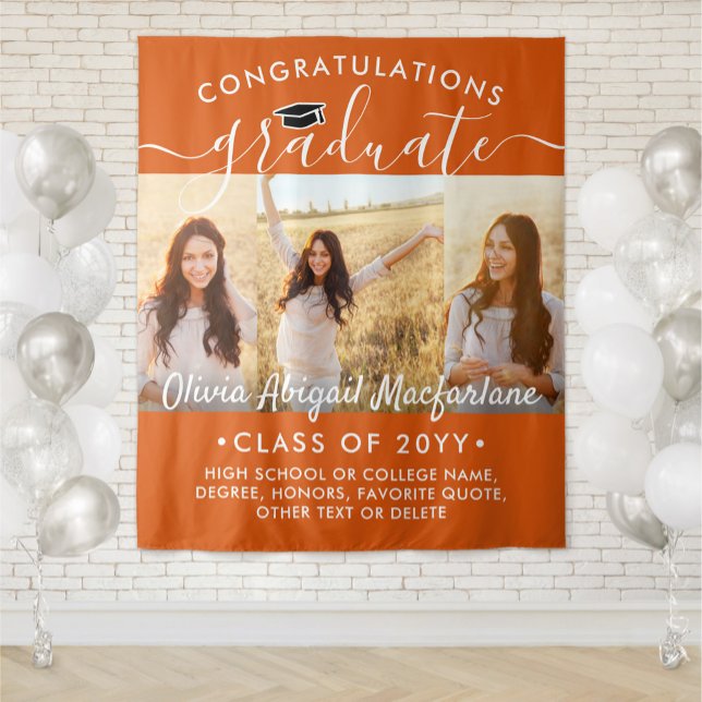 Graduation 3 Photo Collage Orange & White Backdrop Tapestry (Creator Uploaded)
