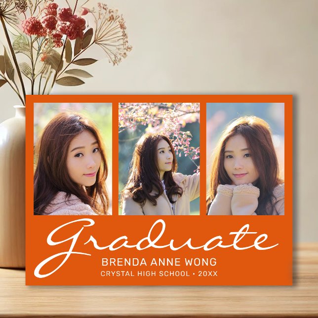 Graduation 3 Photo Collage White Script Orange Announcement (Modern 3 Photo Orange with White Script Graduation Announcement)