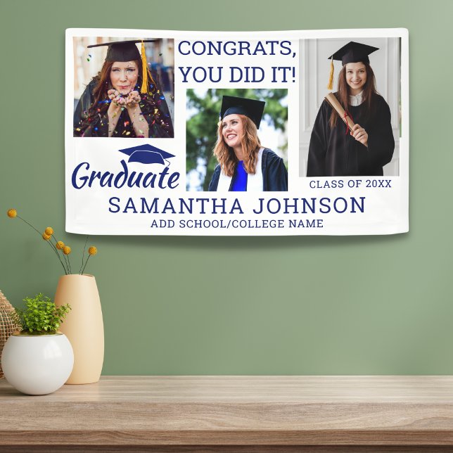 Graduation 3 Photo Congrats Grad 2025 Blue White Banner (Creator Uploaded)