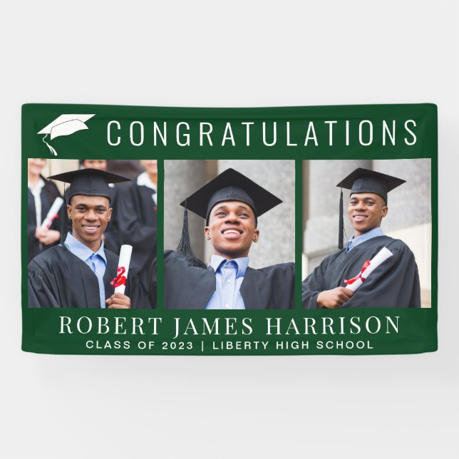 Graduation 3 Photo Congratulations Green Banner (Horizontal)