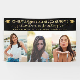 Graduation 3 Photo Elegant Script Black Gold Banner