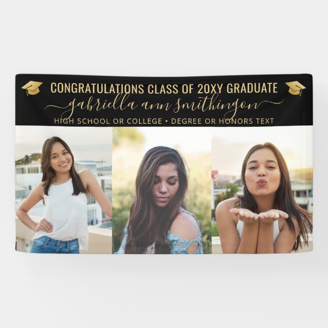 Graduation 3 Photo Elegant Script Black Gold Banner (Horizontal)
