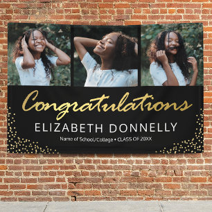Graduation 3 Photo Modern Black Gold Banner