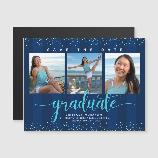 Graduation 3 Photo Navy Blue Save the Date Modern Magnetic Invitation (Front/Back)