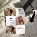Graduation 3 Photo Save The Date Card<br><div class="desc">Elegant graduation save the date cards exquisitely designed to feature three of your favourite photos of the graduate,  beautifully inscribed with the title 'save the date' and a grad cap. Personalise these cards with their name,  the date,  and the location.</div>