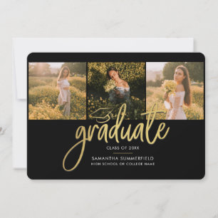 Graduation 4 Photo Collage Black Gold Grad Script Announcement