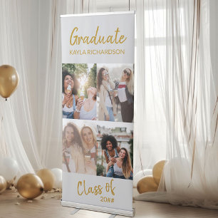 Graduation 4 Photo Collage Grey and Gold Retractable Banner
