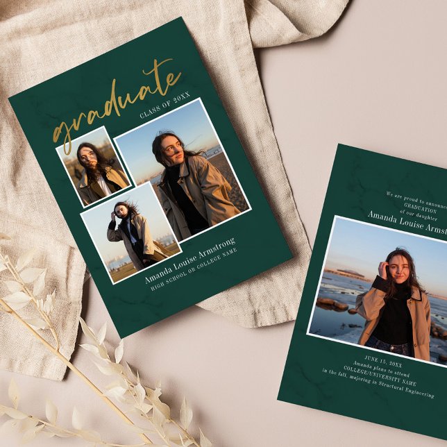 Graduation 4 Photo Collage Script Green Grad 2025 Announcement (Graduation Announcement Photo Collage Green Marble Card)