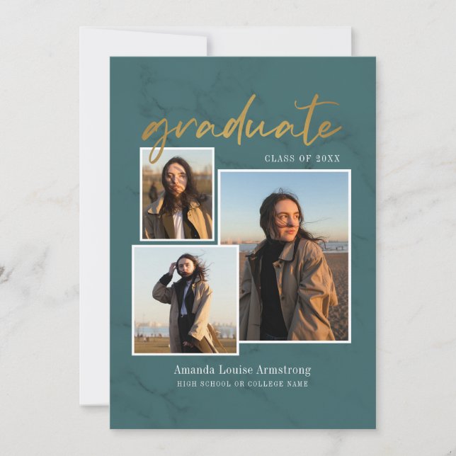 Graduation 4 Photo Collage Script Green Marble Announcement (Front)