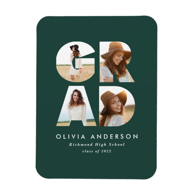 Graduation 4 photo modern announcement green  magnet (Vertical)