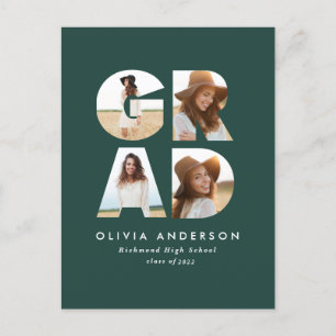 Graduation 4 photo modern announcement green  postcard