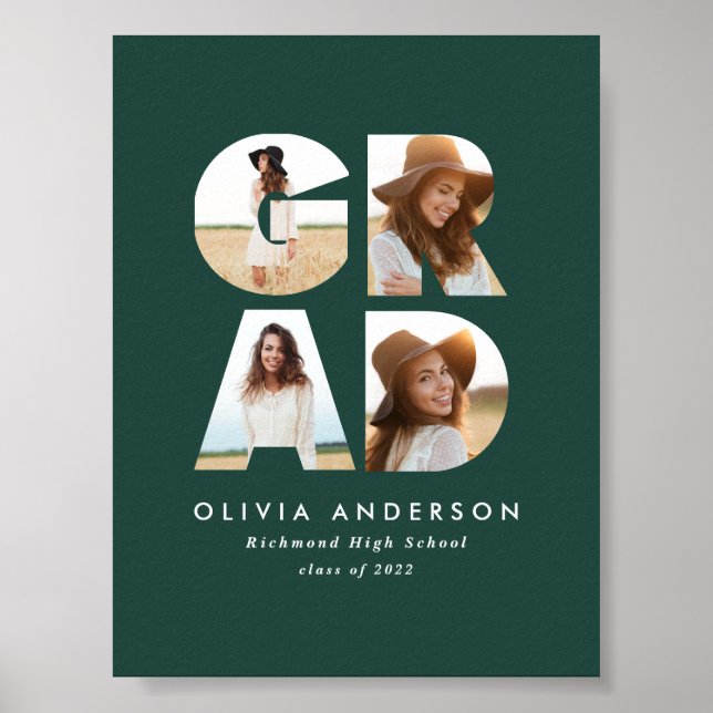 Graduation 4 photo modern announcement green  poster (Front)