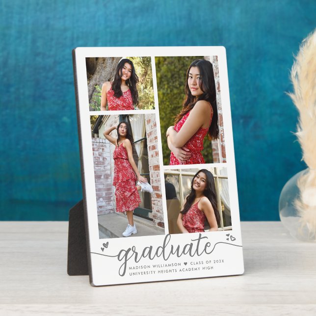 Graduation 4 Photo Modern Calligraphy Hearts White Plaque (Creator Uploaded)