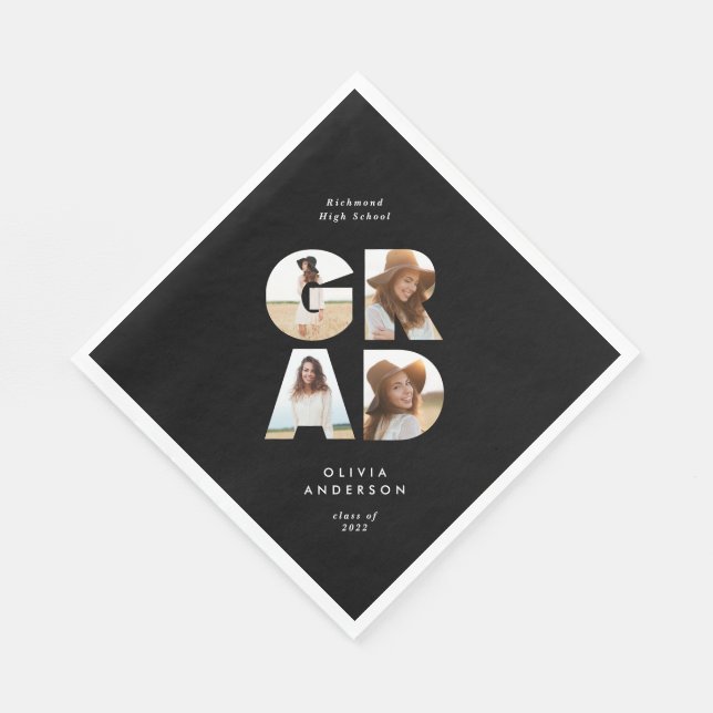Graduation 4 photo modern personalised black white napkin (Corner)