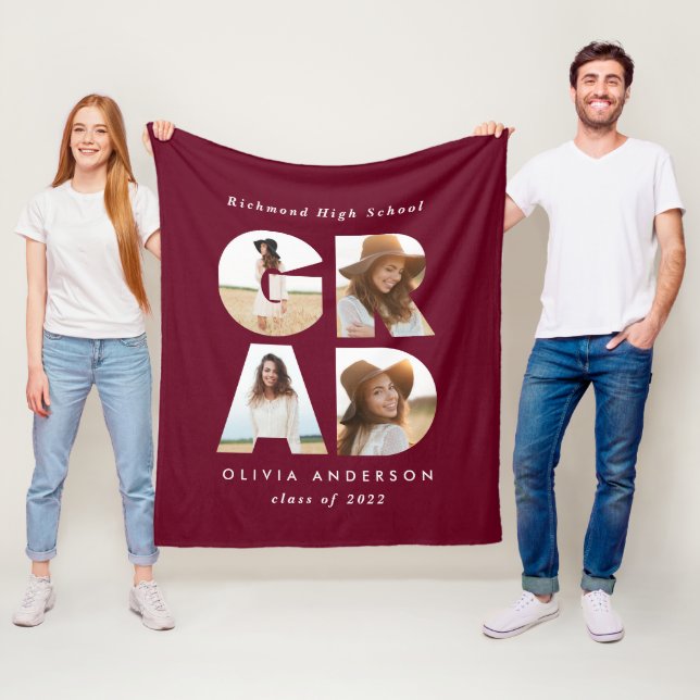 Graduation 4 photo modern personalised burgundy fleece blanket (In Situ)