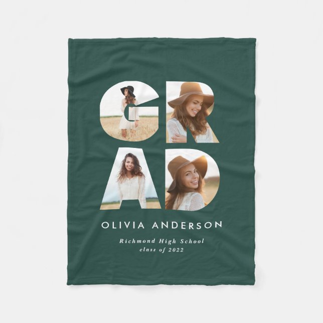 Graduation 4 photo modern personalised green faux  fleece blanket (Front)