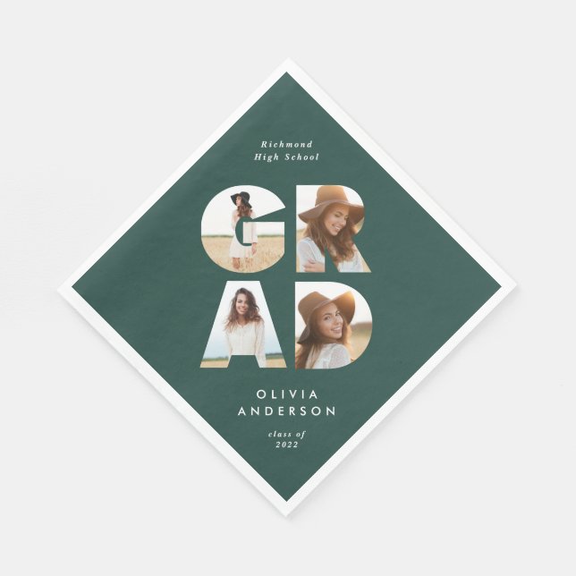Graduation 4 photo modern personalised green napkin (Corner)