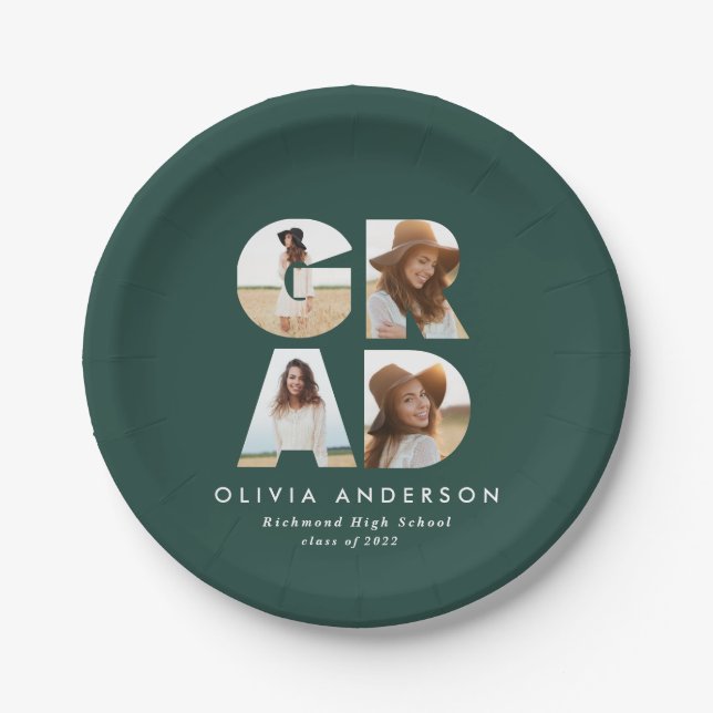 Graduation 4 photo modern personalised green  paper plate (Front)
