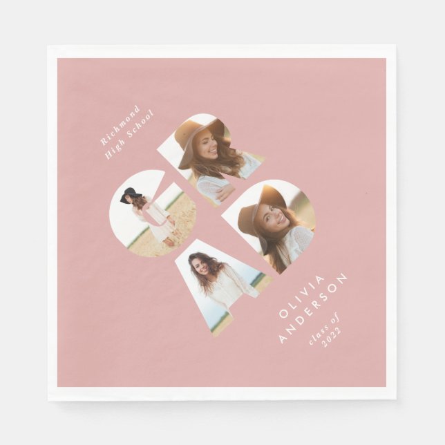Graduation 4 photo modern personalised pink girly napkin (Front)