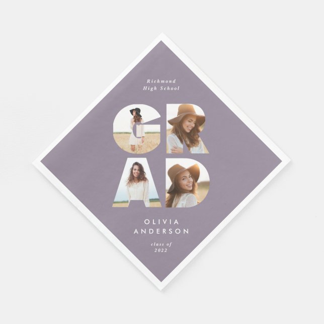 Graduation 4 photo modern personalised purple chic napkin (Corner)
